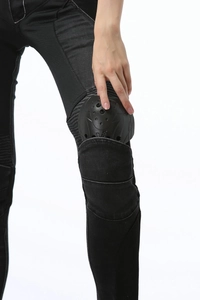 Women's summer black motorcycle jeans with breathable mesh and removable knee guards