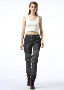 Slim fit women's motorcycle jeans featuring protective knee pleats and washed grey texture