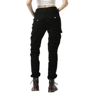 Rear view of women's black cargo motorcycle pants with large back pockets and slim fit