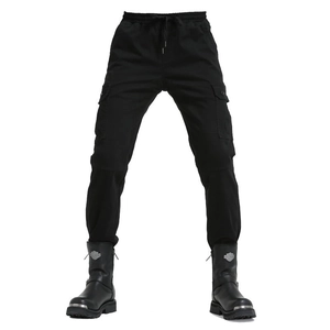 Detail of black cargo pants featuring adjustable drawstring waist and functional side pockets