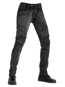 Men's vintage grey motorcycle jeans with protective ribbed panels and a slim-fit design