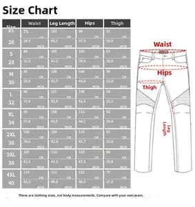 Detailed motorcycle cargo jeans size chart including waist, length, and hip measurements