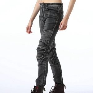 Women's slim-fit motorcycle jeans in washed silver grey with pleated biker knee detailing