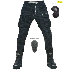 Detail of motorcycle cargo pants with camouflage pattern and detachable CE armor pads