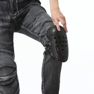 Women's vintage motorcycle riding jeans with protective breathable black knee pads