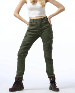 Detail of army green women motorcycle pants with cargo pockets and knee pleats