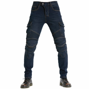 Detail of dark blue motorcycle jeans with knee pleats, cargo pockets and protective gear