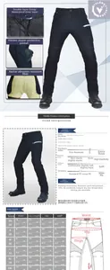 Tableau détaillé des tailles pour jeans de moto avec mesures de taille, hanches et jambes