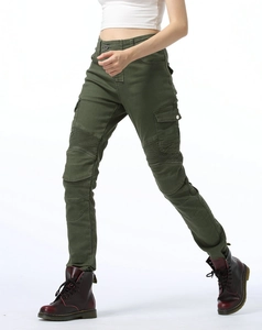 Women's army green slim-fit cargo motorcycle pants with knee pleats and side pockets