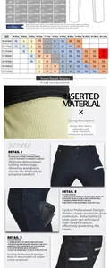 Tableau des tailles de jeans moto et détails de la doublure en Kevlar avec protections CE