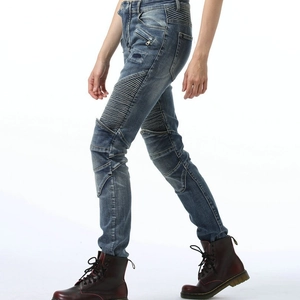 Women's cotton retro motorcycle jeans with knee armor and flexible accordion panels