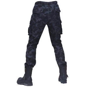 Rear view of slim fit camouflage motorcycle pants with functional cargo side pockets