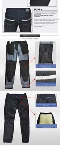 Détail du jean moto montrant la doublure imperméable, le Kevlar et les bandes réfléchissantes