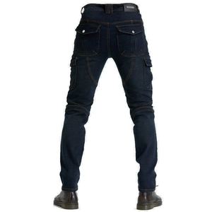 Rear view of deep blue motorcycle cargo jeans with functional pockets and accordion stretch panels