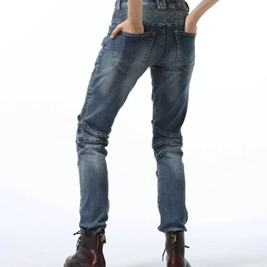 Men's retro slim-fit cotton biker jeans with ribbed stretch panels and denim wash