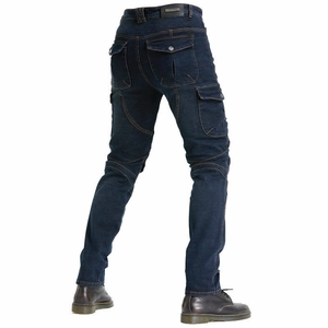 Detail view of military green biker cargo jeans with accordion pleats and pockets