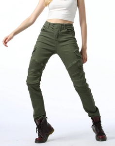 Detail of army green slim fit motorcycle cargo pants with pleated knee panels