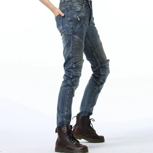 Women's slim fit retro cotton biker jeans with quilted patches and side zipper details