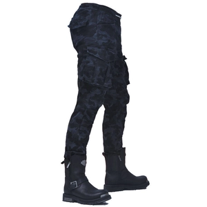 Detail of grey camouflage motorcycle cargo pants with side flap pockets and buckle boots