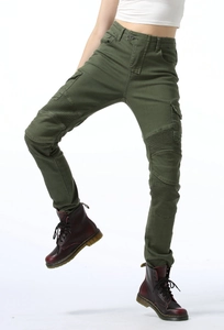 Detail of army green slim fit cargo motorcycle pants with ribbed knee protection