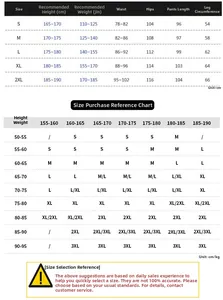Detailed size guide for men's joggers showing waist, length, and weight recommendations