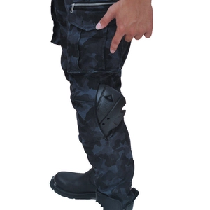 Detail of cargo pockets and protective knee pads on camo motorcycle tactical pants