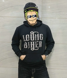 Detail showing white LOUNG BILER script print on black motorcycle hoodie with kangaroo pocket