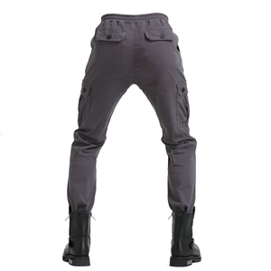 Men's dark grey cargo joggers with drawstring waist and multi-pocket military design