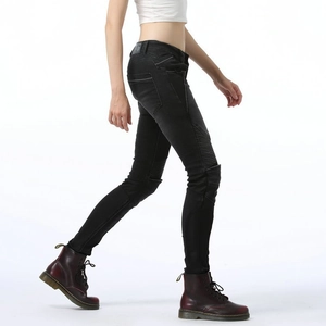 Women's summer mesh motorcycle jeans in slim fit with pleated knee panels and boots