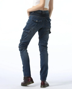 Detail of navy cargo motorcycle jeans with stretch panels on knees and back waist