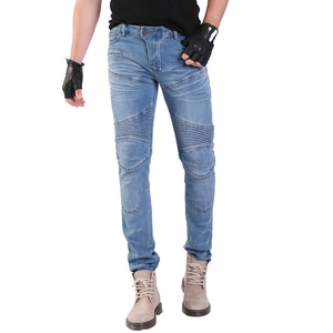 Slim fit blue washed motorcycle biker jeans with ribbed protective panels on knees