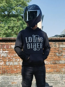 Detailed view of motorcycle hoodie with LOVING BIKER print and protective hood design