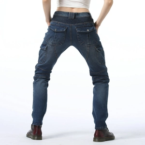 Detailed back view of women's motorcycle riding jeans with stretch accordion panels