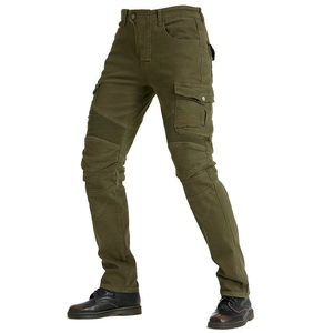 Detail of army green motorcycle cargo pants with pleated knee panels and side pockets