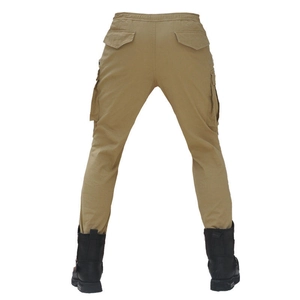 Rear view of khaki cargo motorcycle pants featuring large side pockets and flap back pockets