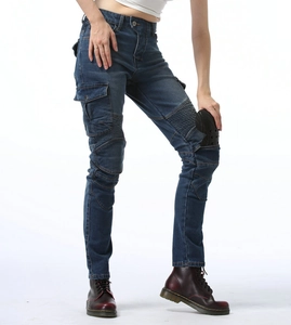 Detailed view of women's motorcycle jeans featuring knee guards and cargo pockets