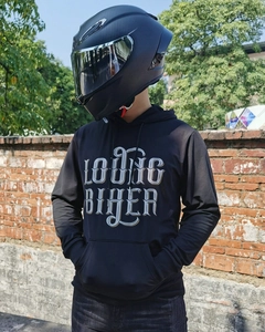 Detail of the biker hoodie with Long Biker print and a carbon fiber motorcycle helmet