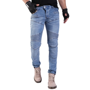 Slim fit motorcycle jeans with flexible accordion stretch panels above the knee and protective pads