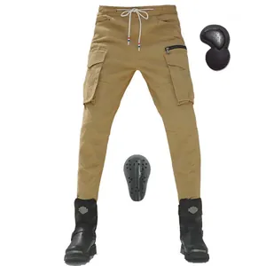 Close-up of khaki motorcycle cargo pants with detachable hip and knee protector pads