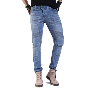 Slim fit light blue motorcycling jeans with protective ribbed panels for racing safety