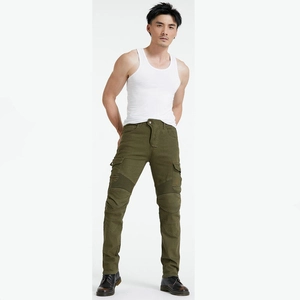 Olive green cargo pants with tactical knee pleats and large side pockets for men