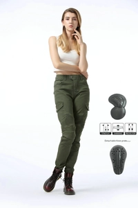 Damen Motorradhose in Armeegrün mit Knieprotektoren und elastischen Shirring-Details