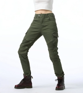 Army green slim-fit cargo motorcycle pants with knee pleats and utility side pockets