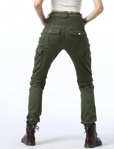 Women's army green cargo biker pants with elastic waist pleats and multiple pockets