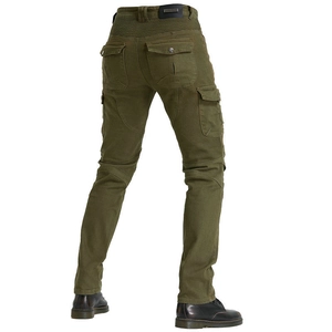 Rear view of army green motorcycle pants with accordion stretch panels and flap pockets