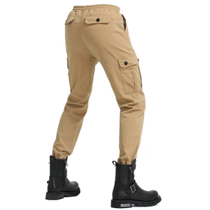 Rear view of khaki motorcycle cargo pants with elastic waist and flap pockets