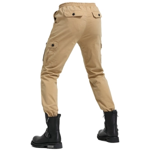Rear view of khaki motorcycle cargo pants with multi-pocket design and elastic cuffs