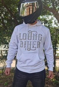 Close-up of white motorcycle hoodie featuring Loving Biker graphic print and pocket