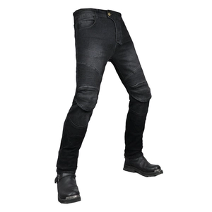 Men's motorcycle racing protective denim jeans in black with stretch accordion panels