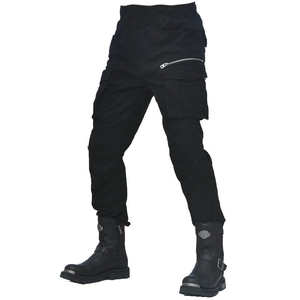 Detailed view of black motorcycle cargo pants with multi-pockets and metal zipper accents